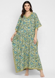 Impresionante vestido caftán verde oliva turquesa hasta el suelo algodón suave cintura Natural cuello en V bloque de mano estampado Floral ropa de salón - Product Image 2