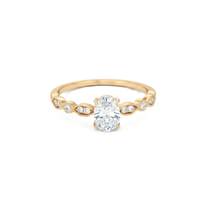 Bague de fiançailles romantique en moissanite et diamant, or massif 14 carats, avec accents de diamants de laboratoire ovales et ronds, et bande torsadée en forme de vigne - Product Image 1
