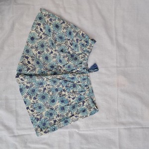 Women's Frill Pajama Set Cream Teal Blue Scattered Floral Block Print Cotton Tassel Drawstring Waist Summer Boho Shorts - Product Image 5