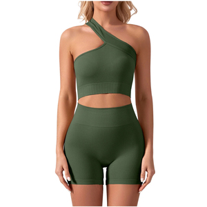 Ensemble de yoga vert asymétrique à une épaule, short taille haute, 2 pièces, sans couture, respirant, couleur unie, imprimé léopard, col rond, tenue de sport - Product Image 5