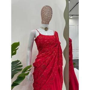 Lehenga Saree Listo para Usar para Fiestas, Silueta Recta con Cintura Natural, Tela de Chifón - Product Image 2
