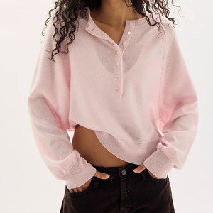Custom 2026 Women's Pink Henley Pullover Sweater Full Sleeve Batwing Button Up Collar Casual Knitted Top Thin Acrylic Material - Product Image 1