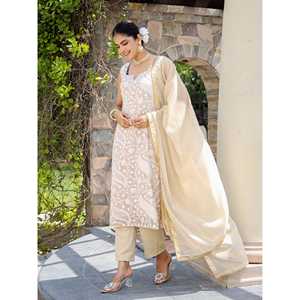ชุดเซ็ตสูท Vaani XS สีเบจ ผ้าจอร์เจตต์ ปักลายชิกันการี สำหรับผู้หญิง ระบายอากาศได้ดี ผ้าชีฟองเก๋ไก๋ ลายพิมพ์เพสลีย์สไตล์วินเทจ ความยาวระดับข้อเท้า ชุดฤดูร้อนสไตล์ชาติพันธุ์ - Product Image 3