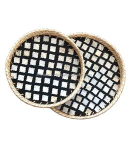 Ensemble de plateaux ronds en rotin avec incrustations de nacre, artisanat indien de luxe Shamiyana, finition haut de gamme pour la décoration de la maison et les cadeaux - Product Image 1