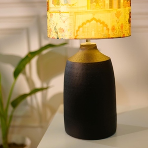 Vintage style <b>matt</b> black Hammered <b>Table</b> Lamp Indian Art Printed Fabric Shade Black Artistic Bedside Nightstand Light Home Decor - Product Image 4