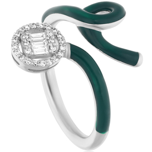 Luxury Women Cocktail <b>Ring</b> 925 <b>Silver</b> Rhodium Plated <b>Emerald</b> Green Enamel Baguette Diamond Engagement <b>Ring</b> - Product Image 1