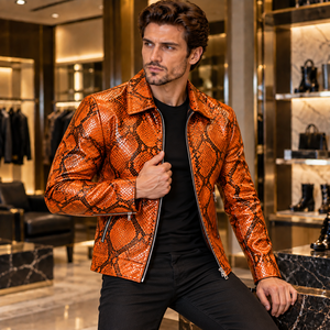 Veste en cuir pour homme, imprimé serpent orange, cuir véritable embossé python, veste de motard personnalisée avec fermeture éclair, style vintage - Product Image 1