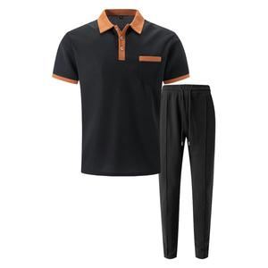 Men's Black Polyester Tracksuit Short Sleeve <b>Polo</b> Shirt With <b>Orange</b> Collar And Drawstring Pants Casual Summer Wear - Product Image 1