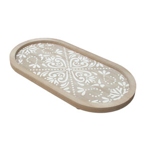 Plateau de service décoratif abstrait Art Déco rond en bois, finition blanche mate, pieds surélevés, le plus vendu, fabricant en gros - Product Image 3
