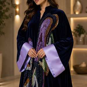 Luxury Elegant Navy Blue Velvet <b>Kaftan</b> Multicolor <b>Sequin</b> Embroidery | Designer Open Front Islamic Abaya Floor Length Long Sleeve - Product Image 2