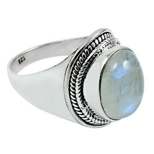 Bague en argent sterling 925 à prix de gros avec pierre de lune arc-en-ciel taille ovale sertie clos, style bohème, bijoux unisexe - Product Image 1