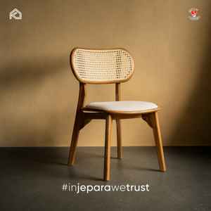 Chaise de salle à manger moderne en teck massif avec assise rembourrée en tissu imperméable et dossier en rotin pour usage commercial dans les restaurants et hôtels - Product Image 1