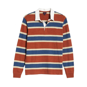 Polo de Punto a Rayas de Manga Larga para Hombre, Estilo Rugby Casual, Teñido con Hilo Azul, Rojo y Beige, Corte Regular - Product Image 1