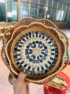 Mosaic Rattan Serving Tray with Mother Pearl Inlay Round Wicker Tray for Dinning <b>Table</b> Natural Boho <b>Table</b> Decor, Rustic Gift - Product Image 6