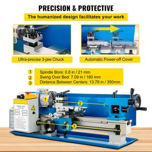 Tornio Compatto per Metallo 7" X 14" 0-2500 RPM con Mandrino a 3 Griffe da 4" Design da Banco Macchinario per Lavorazione Metalli - Product Image 5