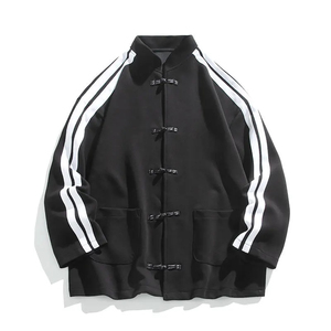 Camisa Chaqueta de Hombre Estilo Chino con Cuello Mandarín, Negra, de Poliéster, Corte Holgado, Otoño, Color Sólido, Botones Cubiertos, Manga Regular - Product Image 1