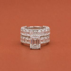 <b>Emerald</b> Cut Moissanite Diamond Studded In 925 Silver Wedding <b>Band</b> <b>Ring</b> Set For Women - Product Image 1