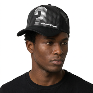 Gorra Trucker Negra de Malla con Estampado de Punto de Interrogación Termotransferible, Cierre Trasero Ajustable, Estilo Urbano, Unisex, Primavera Verano - Product Image 4