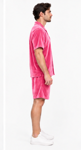 Conjunto de camisa y pantalones cortos de terciopelo personalizado para verano, tela suave, cierre de botones, cintura elástica, venta al por mayor, unisex. - Product Image 2