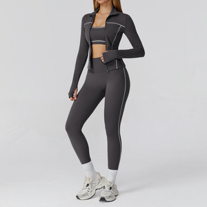 Women 3 Piece Workout Sets High Waisted <b>Seamless</b> <b>Leggings</b> Crop Top Jacket Gym Yoga Outfit Sports Bra Sets Yoga Outfit Activewear - Product Image 4