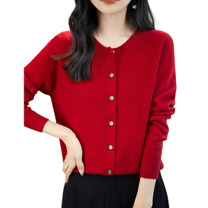 Cardigan en Laine pour Femme 100% Laine Tricoté Automne Chaud Rouge Géométrique Logo Avant Décontracté OEM ODM Personnalisé Vente en Gros Échantillon Gratuit - Product Image 2