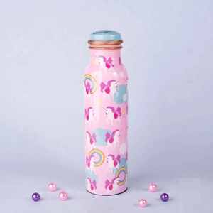 Bouteille d'eau rose en cuivre avec motif licorne et arc-en-ciel, motif de dessin animé, gourde de voyage portable - Product Image 1