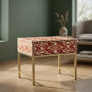 Wooden Side <b>Table</b> <b>with</b> Geometric Inlay Pattern Gold Metal Legs Single <b>Drawer</b> Decorative End <b>Table</b> - Product Image 1