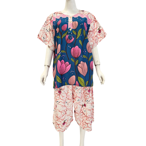 Ensemble de détente d'été pour femme, motif floral, manches courtes, col rond, 100 % coton, pantalon longueur genou, coupe ample, imprimé nœud, tenue décontractée - Product Image 6