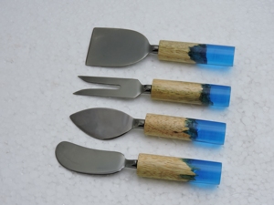 Stainless Steel Cheese Utensil Set 4 Piece Wood Handle Blue Resin Serving Tools Hand Wash Only - Product Image 1