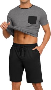 Ensemble de pyjama d'été pour homme, t-shirt gris à manches courtes avec poche, short noir, vêtements de nuit décontractés, vêtements de détente, coton respirant - Product Image 4