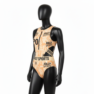 Maillot de bain femme en polyester et élasthanne de qualité supérieure, noir pêche, avec panneau latéral et logo personnalisé par sublimation. - Product Image 4