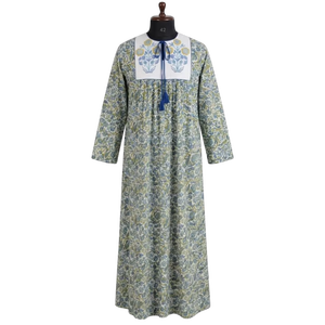 Floral Hand Block Print Long Dress Contrast Butta Yog Puffy Sleeves Cotton Maxi Gown Women Casual Handmade Professional Outfit - Product Image 1