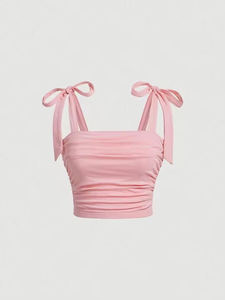 Top corto sin tirantes rosa para mujer, con detalle de lazo, ecológico, informal, tejido, sin mangas - Product Image 5