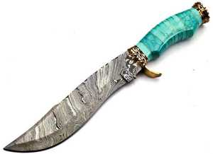 Cuchillo de Caza de Hoja Fija 2026 LEGACY BLADES de Acero de Damasco Premium, Hoja Serrada con Punta Caída, Mango Turquesa con Detalles Dorados, OEM ODM - Product Image 3