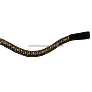 Bande de sourcils de cheval en cuir pleine fleur de vache épaisse décorée avec 3 rangées de cristaux dorés et clairs, perle bling, strass - Product Image 1