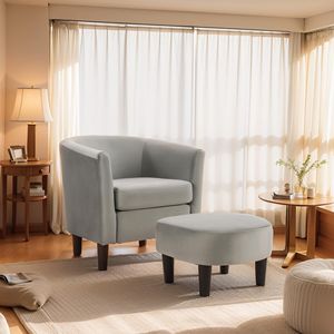 Poltrona Moderna in Velluto Grigio con Poggiapiedi, Sedia Decorativa per Soggiorno e Camera da Letto - Product Image 6