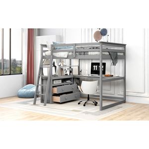 Letto a soppalco a grandezza naturale con scrivania e scaffali, due cassetti integrati, grigio - Product Image 5