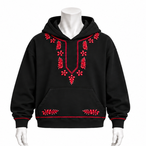 Sweat-shirt à capuche noir Indus brodé, motif floral, poche kangourou, streetwear décontracté, unisexe, haut de mode d'hiver - Product Image 1