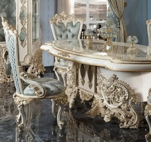 ชุดโต๊ะรับประทานอาหารไม้สักทองคำหรูหราสไตล์ยุโรปแกะสลักโบราณ พร้อมท็อปหินอ่อน สำหรับใช้ในโรงแรม เป็นมิตรกับสิ่งแวดล้อม ผลิตในอินโดนีเซีย - Product Image 4