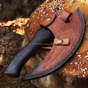 Traditional Full Tang Multi-Purpose Damascus Pizza Cutter <b>Axe</b> <b>Wood</b> Aluminium Meat <b>Chopping</b> Utility Knife with Leather Sheath - Product Image 2