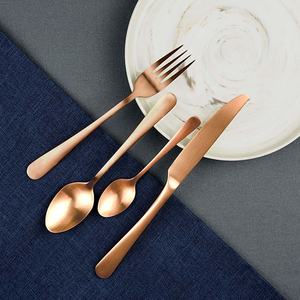 Customize <b>Gold</b> Plated Long Flat Design Handle Stainless Steel <b>Gold</b> Color Logo Luxury Hotel Wedding <b>Cutlery</b> <b>Set</b> - Product Image 3