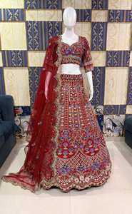 Lehenga Choli de Boda India Personalizado al por Mayor, Ghagra de Seda Roja Bordada, Estilo Tradicional de Bollywood, Sin Arrugas, Protección Solar - Product Image 4