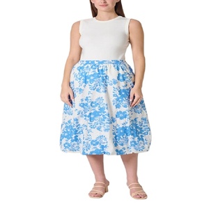 Blue Floral Midi <b>Skirt</b> For Women – Flowy Flared Cut Fit <b>Elastic</b> Waistband Cotton Lined Side Pockets Elegant Summer Style <b>Skirt</b> - Product Image 1