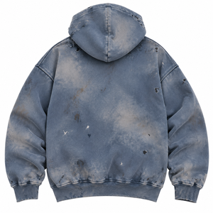 Pull léger zippé aspect denim vieilli Slate Sky, ourlet effiloché, robuste, tacheté, usé, vieilli, mode décontractée, vêtement d'extérieur élégant - Product Image 3