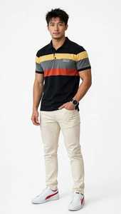 Oneten <b>Men's</b> <b>Black</b> Color Block Striped <b>Polo</b> Shirt Short Sleeve Casual Regular Fit Top - Product Image 1