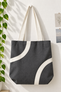 <b>Canvas</b> Tote <b>Bag</b> Contrast Panel Shoulder <b>Shopper</b> Reusable Carryall for Daily Grocery Travel Use - Product Image 1