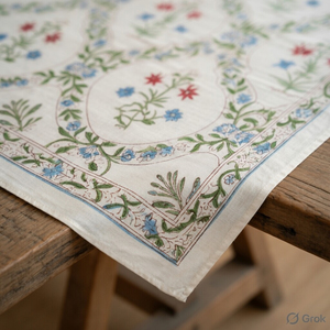 Hand Block Printed Cotton Canvas <b>Tablecloth</b>, Floral Dining Table Cloth - Product Image 5
