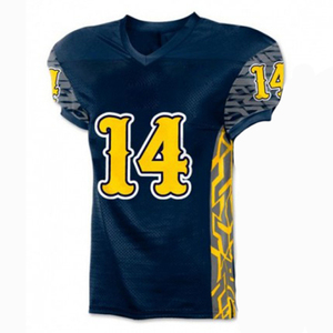 Conjunto de Uniforme de Fútbol Americano Sublimado Personalizado, Pantalones y Camiseta, Azul Marino y Amarillo, Número 14, para Hombre Adulto, Transpirable, de Poliéster - Product Image 2