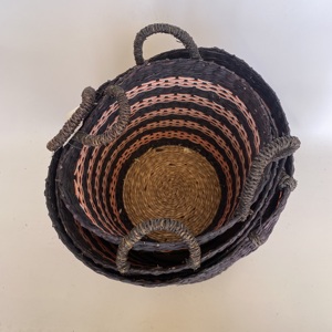 Set of 3 Round Woven Seagrass <b>Baskets</b> with Handles Combined with Pink <b>Plastic</b> Cord Bohemian Design Eco-Friendly Clothing Storage - Product Image 5