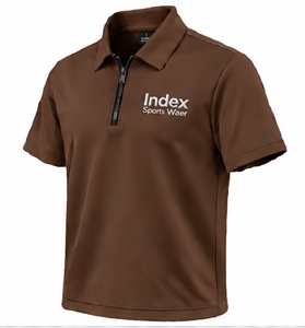 Polo de Manga Corta con Cierre para Hombre, Color Marrón, Logotipo Bordado, Tejido de Punto de Secado Rápido, Estilo Deportivo - Product Image 3